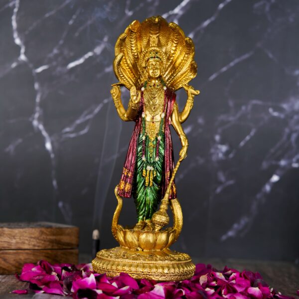 Polyresin Lord Vishnu Statue Idol Murti Standing on Lotus Base with Sheshnag
