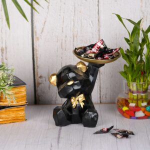 Black Sitting Teddy Bear Statue Holding Tray Decorative Showpiece